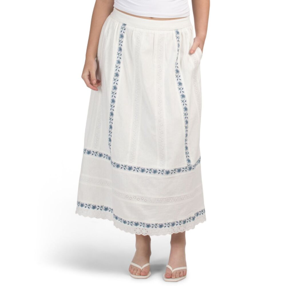 Caroline Constas XS Linen Blend Embroidered Maxi Skirt White Blue Boho Cottage - Picture 2 of 12